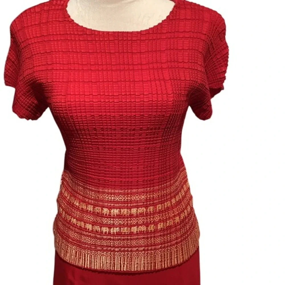 T.U.K.S NWOT.Red-Gold 2-PC.XL. THAI. Top/Skirt Gold elephant design on hem‎